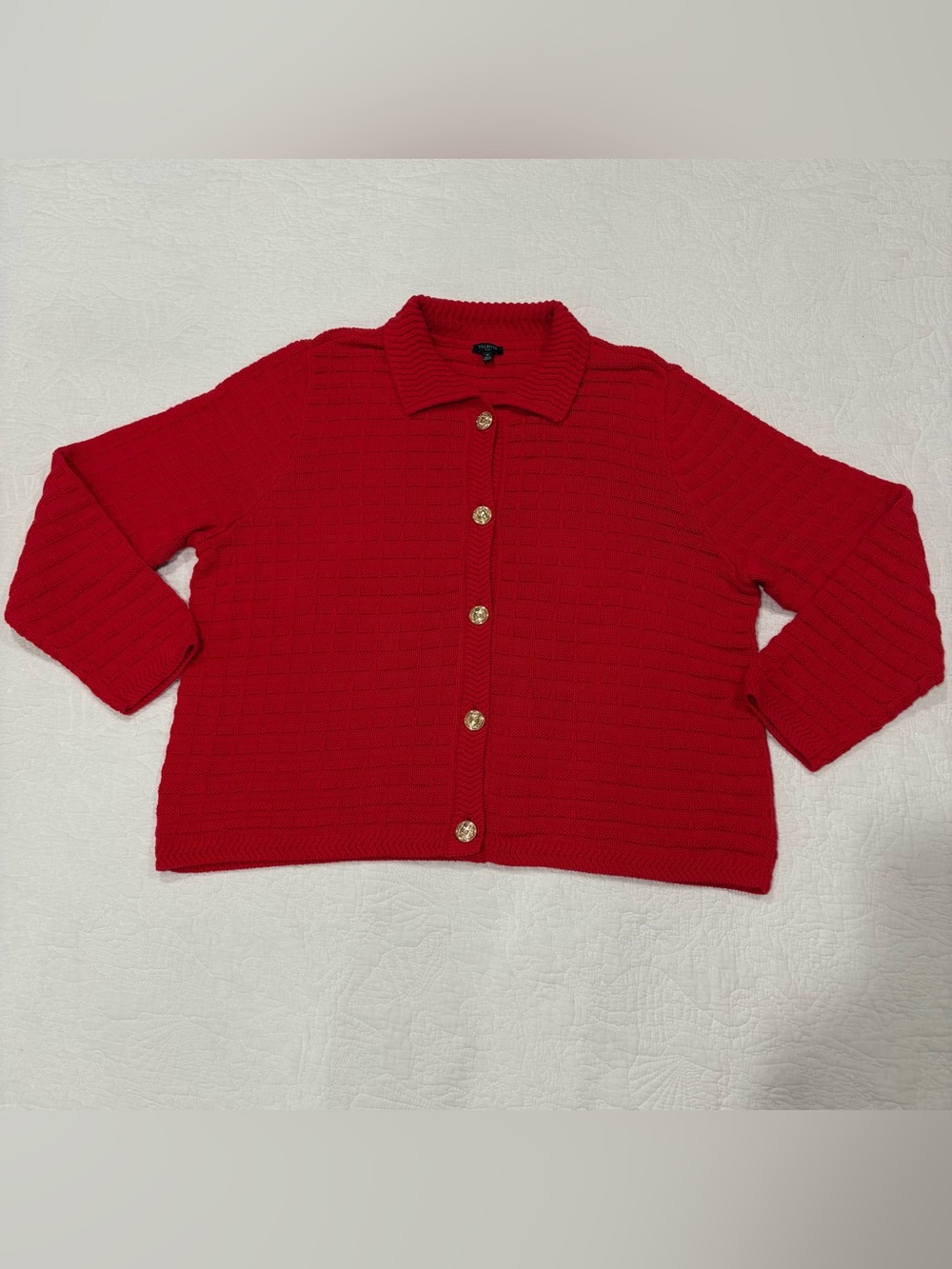 Talbots Women’s Texture Polo Cardigan Sz 1X Red Golden Buttons 100% Cozy Cotton